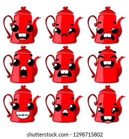 Set red teapots and with emotions. Children's funny clipart. Vector illustration in cartoon style.