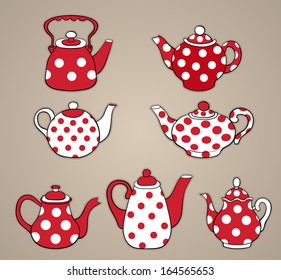 Set of red teapots. Vector cartoon illustration.