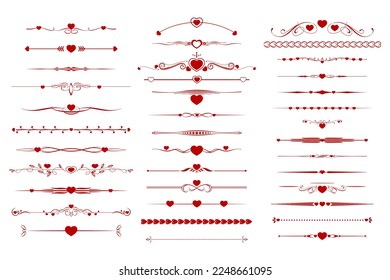 Set of red text dividers. Red dividers for Valentine's day. Set of graphic design elements. Vector illustration