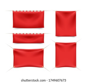 Set of Red Textile Banners with Folds with Ropes on White Background . Isolated Vector Elements 
