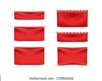 Set of Red Textile Banners with Folds with Ropes on White Background . Isolated Vector Elements 