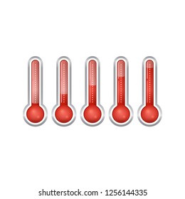 Set of red thermometers with changing temperature on a white background