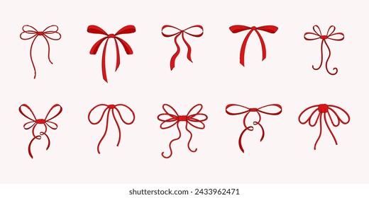 Set of red thin ribbon bow knots. Decoration elements. Various bows for presents, gift boxes, traditional holidays. Flat vector illustration.