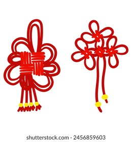 Set of red threads tied in Chinese knots for good luck, symbolizing good luck and prosperity. Red threads, nodules,. Materials in the traditional Asian style are used for decoration in cultural theme