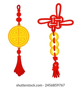 Set of red threads tied in Chinese knots for good luck, symbolizing good luck and prosperity. Gold coins, an amulet. Materials in the traditional Asian style are used for decoration in cultural theme