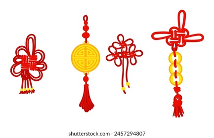 Set of red threads tied in Chinese knots for good luck, symbolizing good luck and prosperity. Red threads, knots, gold coins, an amulet. Materials in the traditional Asian style decoration in cultural