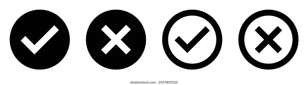 Set of red tick mark and cross mark black isolated with white background. Check mark and red cross icon set. Checkmark and X mark icon use for apps and websites. Checkmark, icon, vector.