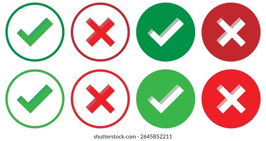 Conjunto de marca de verificación roja y marca cruzada con sombra con fondo blanco, marca de verificación y conjunto de íconos de marca de cruz roja. marca de verificación y uso de íconos de marca x para App y Sitios web. marca de verificación, ícono, Vector.