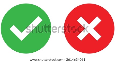Set of red tick mark and cross mark isolated with white background, check and red cross mark icon set. checkmark and x mark icon use for apps and website. checkmark, icon, vector.