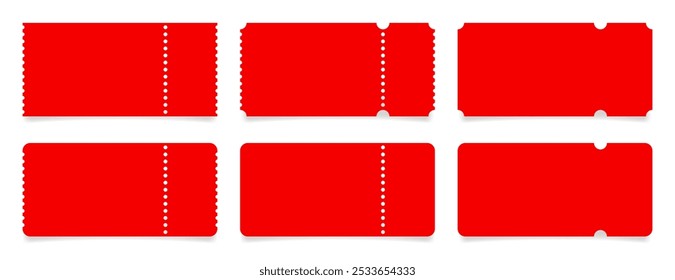 Set of red ticket mockups with ruffle edges and shadows. Empty template. Concert, movie or theater ticket. Boarding blank, lottery, sale coupon	