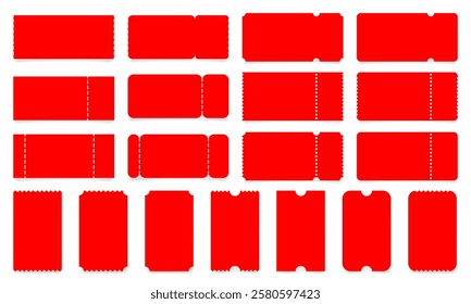 Set of red ticket mockups with ruffle edges and shadows. Empty template. Concert, movie or theater ticket. Boarding blank, lottery, sale coupon