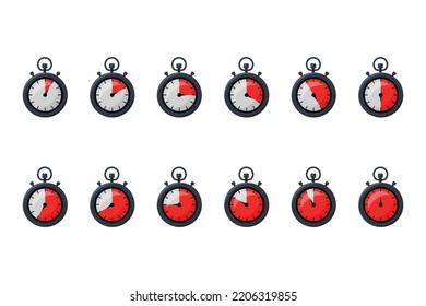 Set of red timers. Stopwatch. Clock, time. Countdown. Stopwatch icon in flat style. Timer flat icon. Flat illustration of stopwatch vector icon for web design
