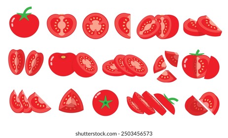 Conjunto de tomate rojo, emblema de producto de tomate fresco de la granja para la tienda de comestibles, diapositivas, secciones largas y transversales, y diferentes posiciones, Ilustración vectorial plana simple de verduras y frutas.