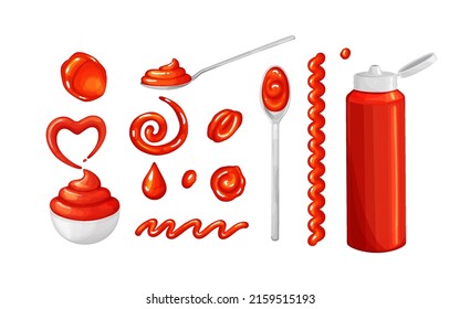 Juego de manchas de salsa de tomate rojo, salpicaduras, gotas con cuchara, botella y tazón desde la vista superior y lateral.Ilustración vectorial aislada en un estilo realista sobre fondo blanco.Diferentes elementos de diseño