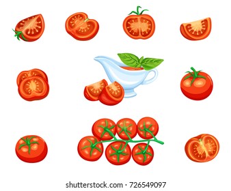 Set red tomato on a branch and slices with sauce. Vector vegetables for menu market and farm product. illustration.