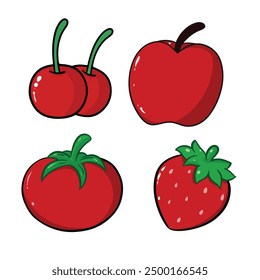 set of red tomatoes apple strawberry and cherry vector illustration