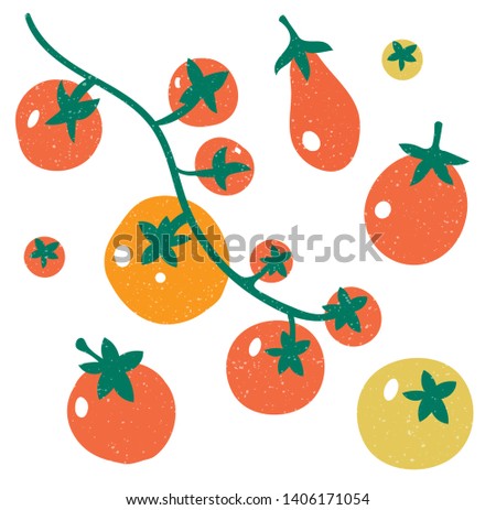 Set of red tomatoes. A branch of tomatoes.Set with hand drawn colorful doodle vegetables. Sketch style vector collection.