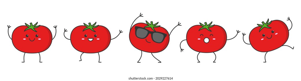 Set red tomatoes character cartoon dancing smiling face happy tomato emotions icon logo vector illustration 