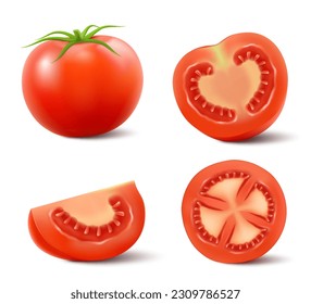Satz roter Tomaten einzeln auf weißem Hintergrund. Realistische 3D-Vektorgrafik. Ganze, halbe und geschnittene Tomaten mit grünen Blättern. Frisches Gemüse