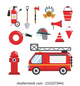 Set of red tools firemen in cartoon style. Vector illustration of fire engine, fire extinguisher, hydrant, hose, shovel, ax, helmet, gas mask, bucket, loudspeaker and kunos on white background.