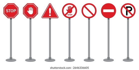Set of red traffic signs including stop, warning, no entry, and no parking icons mounted on poles. Flat vector design for road safety, traffic control, and transportation themes.