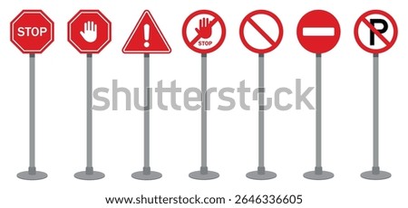 Set of red traffic signs including stop, warning, no entry, and no parking icons mounted on poles. Flat vector design for road safety, traffic control, and transportation themes.
