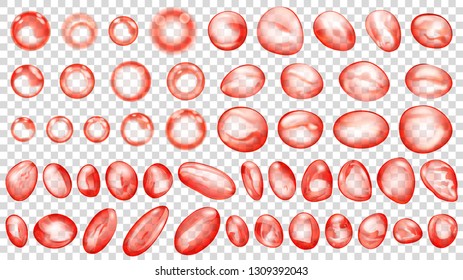 Set of red translucent water drops and bubbles of different shapes, isolated on transparent background. Transparency only in vector format