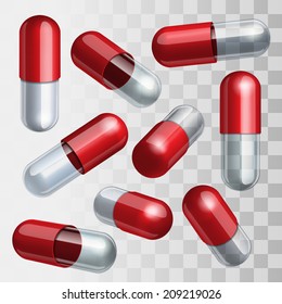 Set of red and transparent medical capsules in different positions Vector illustration