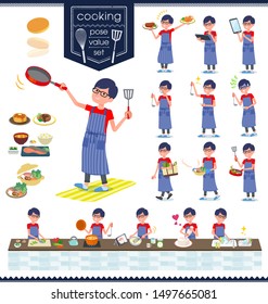 A set of red T-shirt man about cooking.There are actions that are cooking in various ways in the kitchen.It's vector art so it's easy to edit.
