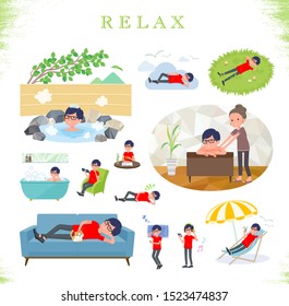 A set of red T-shirt man about relaxing.There are actions such as vacation and stress relief.It's vector art so it's easy to edit.
