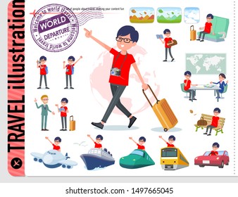 A set of red T-shirt man on travel.There are also vehicles such as boats and airplanes.It's vector art so it's easy to edit.