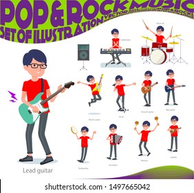 A set of red T-shirt man playing rock 'n' roll and pop music.There are also various instruments such as ukulele and tambourine.It's vector art so it's easy to edit.
