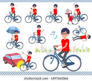 A set of red T-shirt man riding a city cycle.There are actions on manners and troubles.It's vector art so it's easy to edit.
