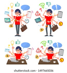 A set of red T-shirt man who perform multitasking in the office.There are things to do smoothly and a pattern that is in a panic.It's vector art so it's easy to edit.
