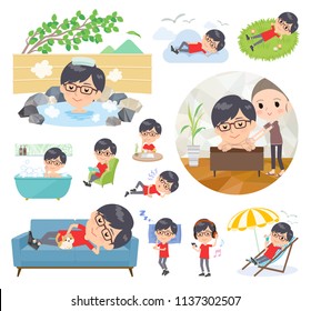 A set of red T-shirt wear men about relaxing.There are actions such as vacation and stress relief.It's vector art so it's easy to edit.