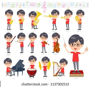 A set of red T-shirt wear men on classical music performances.There are actions to play various instruments such as string instruments and wind instruments.It's vector art so it's easy to edit.