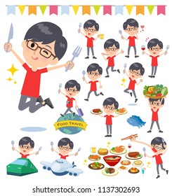 A set of red T-shirt wear men on food events.There are actions that have a fork and a spoon and are having fun.It's vector art so it's easy to edit.