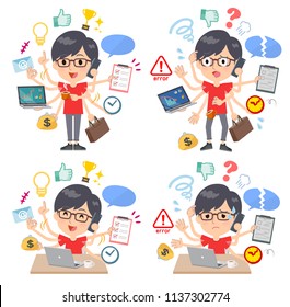 A set of red T-shirt wear men who perform multitasking in the office.There are things to do smoothly and a pattern that is in a panic.It's vector art so it's easy to edit.
