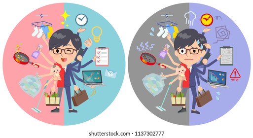 A set of red T-shirt wear men who perform multitasking in offices and private.There are things to do smoothly and a pattern that is in a panic.It's vector art so it's easy to edit.