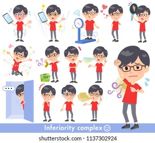 A set of red T-shirt wear men on inferiority complex.There are actions suffering from smell and appearance.It's vector art so it's easy to edit.