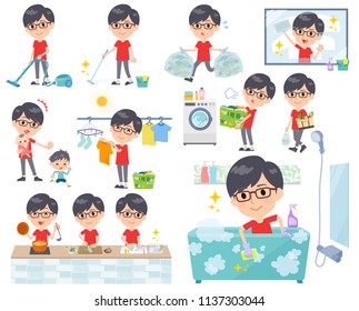 A set of red T-shirt wear men related to housekeeping such as cleaning and laundry.There are various actions such as cooking and child rearing.It's vector art so it's easy to edit.