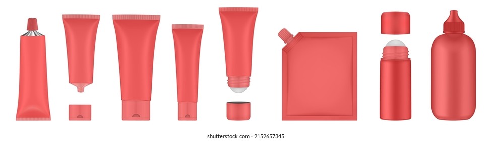 Set Of Red Tubes And Bottles. Roller Ball Tube. Body Antiperspirant Deodorant Roll-on, Open And Closed Blank Tubes With Screw Cap. Realistic Mockup. Eye Cream Roll Ball. Applicator. Spouted Pouch