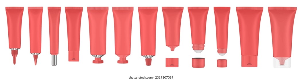 Set of red tubes and bottles. Roller ball tube. Open and closed blank tubes with screw cap. Realistic mockup. Long nozzle tube. Ointment or salve. Gel serum. Korean packaging