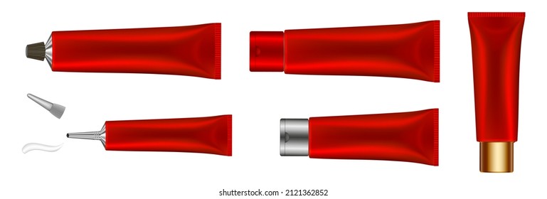 Set of red tubes with long nozzle and silver caps. Cosmetic packaging. Serum or ointment. Gel or cream. Vector illustration isolated on a white background. 3d. Toothpaste