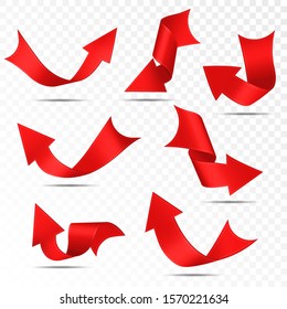 Set of red twisted paper arrows on transparent background. Isolated design elements. Realistic style. Modern simple arrows. Stock vector illustration.