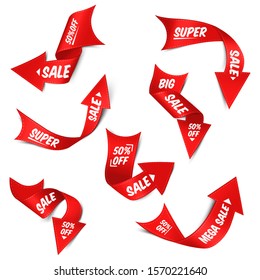 Set of red twisted paper arrows on white background. Isolated design elements. Realistic style. Arrows are for sales design. Discount tag. Collection of modern simple arrows. Stock vector illustration