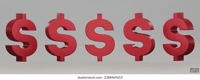 Set of Red US dollar currency symbol isolated on gray background. Red dollar sign. 3D signs money currency sign. 3D vector Illustration.