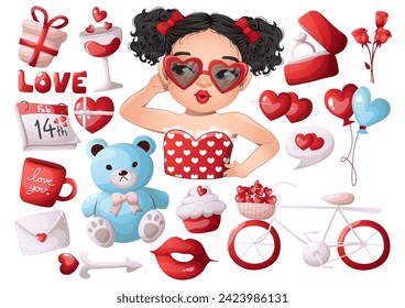 Set of Red Valentine s day elements and cool girl wearing heart shaped eyeglasses cartoon vector