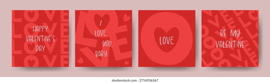 Conjunto de tarjetas rojas del día de San Valentín con letras en negrita, fondos texturizados y acentos alegres del corazón. Ideal para carteles, publicaciones en redes sociales, saludos, mensajes románticos