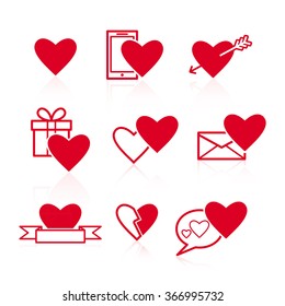 Set of red Valentines icons on white background, illustration